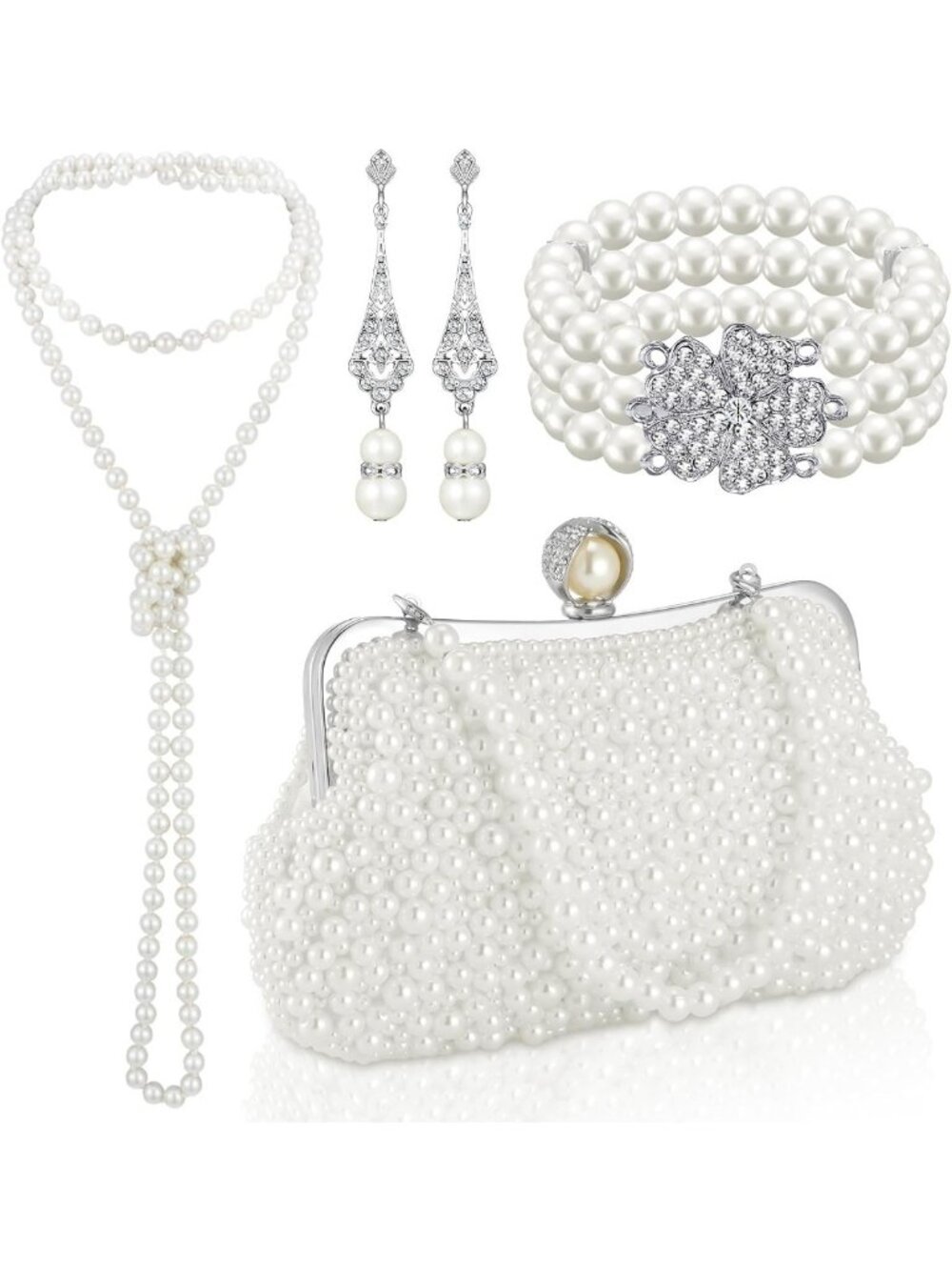 1920s Vintage Pearl Jewelry Set - Necklace, Earrings & Bracelet for Women